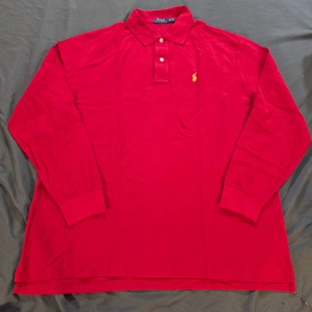 Polo Ralph Lauren Mens 2XLT Red Long Sleeve Pique Polo Shirt Yellow Pony Logo